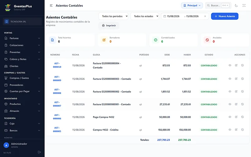 Asientos contables generados automáticamente desde facturas y compras en GVentas Plus