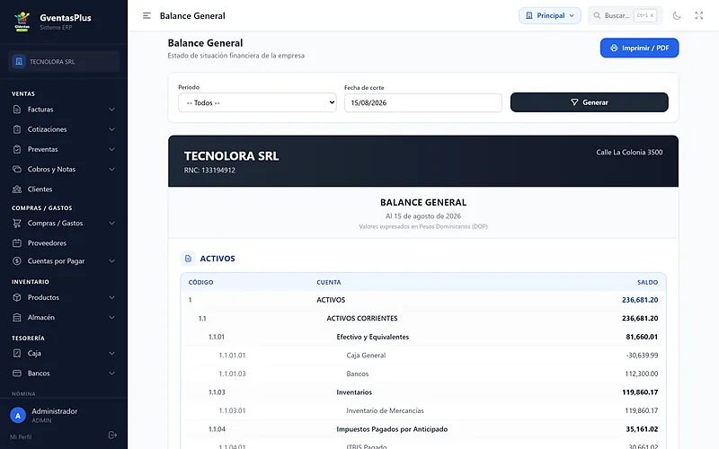 Balance general con activos corrientes, efectivo, inventario e impuestos en GVentas Plus