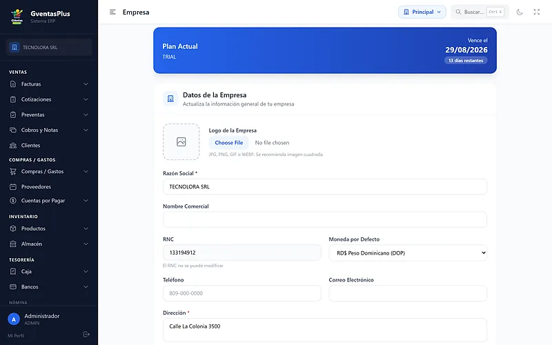 Configuración de la empresa con RNC, logo y datos fiscales en GVentas Plus