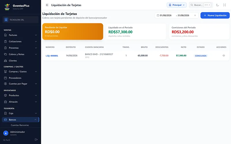 Liquidación de ventas con tarjeta de crédito en GVentas Plus