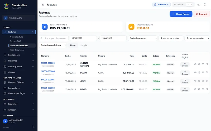 Listado de facturas con número e-CF, cliente, total, saldo, estado y firma digital en GVentas Plus
