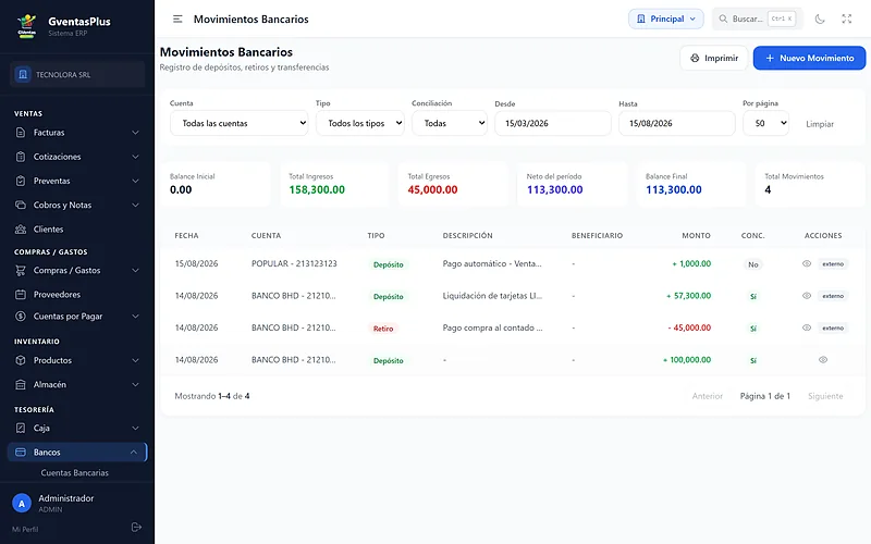 Movimientos bancarios con depósitos, retiros, balance inicial y final en GVentas Plus